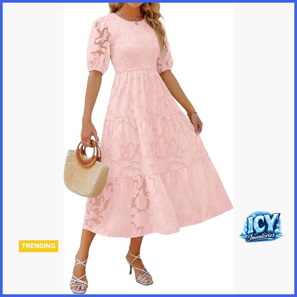 Dresses & Skirts - Polyester Floral Lace Smocked Maxi Dress with Puff Sleeves